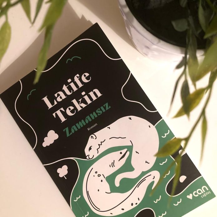 Latife Tekin'in Zamansız adlı kitabı, saksıların içinde beyaz zemin üzerinde kitabın ön kapağı.