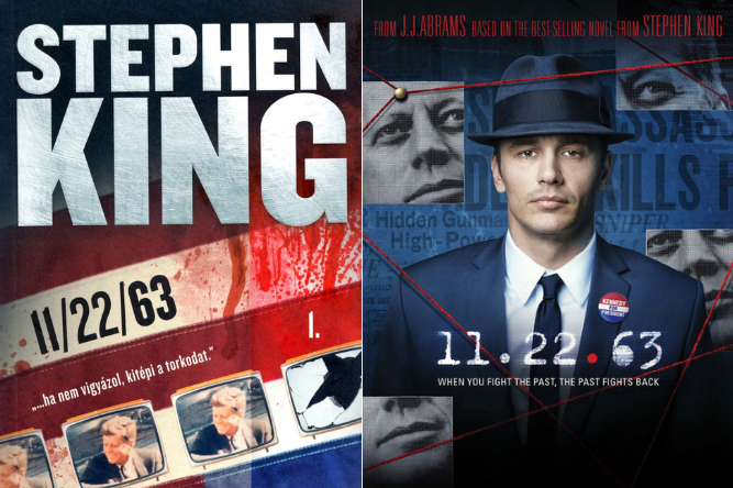 Stephen King'in 22/11/63 kitabının kapağı. Kapakta arabasında giden John F. Kennedy var. Aynı zamanda kitabın sinema afişi de mevcut. Afişte lacivert bir takım giymiş ve fötr şapka James Franco var. Kırmızı ve Lacivert tonları ağırlıklı bir görsel