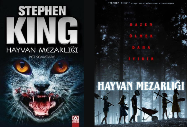 Stephen Kin'in Hayvan Mezarlığı adlı romanının kitap kapağı ve film afişi. Kitap kapağında korkunç ağzı kan olan bir kedi var. Film afişinde ise hayvan maskeleri takıp ellerinde kürekle mezarlığa yürüyen çocuklar var.