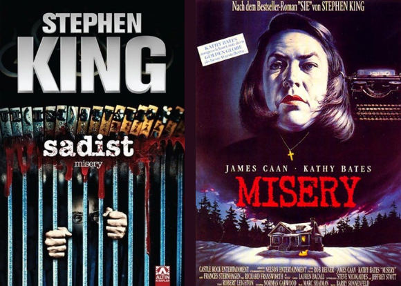 Stephen King'in Sadist romanının kitap kapağı ve film afişi. Kitap kapağında parmaklıklar arasından korkulu ve dehşet verici gözlerle bakan bir adam var. Film afişinde ise kar yağmış ormanda bir ev ve kitabın başrolü olan kadın var. Yanında da daktilo var 