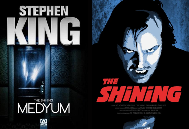 Stephen King'in Medyum romanının kitap kapağı ve film afişi. Kitap kapağında üstünde parıltılar olan bir kapı var. Film afişinde ise çok kızgın Jack Nicholson yer alıyor. 
