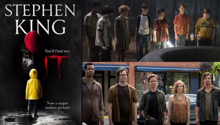 Stephen King'in "O" romanının kitap kapağı ve filmlerinden görseller. Kitap kapağında sarı yağmurluk giymiş olan ve elinde kırmızı bir balon tutan çocuk karanlığa bakıyor. Filmden ilk karede ise kaybedenler kulübü üyeleri olan çocuklar korkmuş bir halde deliğe bakıyor. İkinci karede çocukların büyümüş halleri var. Yorgun gözüküyorlar. 