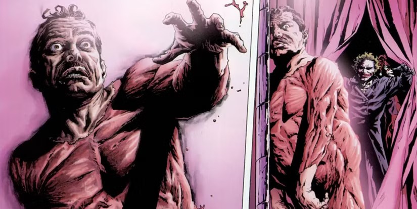 Hannibal Lecter vs. Joker: Hangisi Daha Tehlikeli Bir Psikopat? 18 Bir çizgi roman panelinde derisi soyulmuş adam korkuyla durmaktadır aynı zamanda arkasında joker görünür