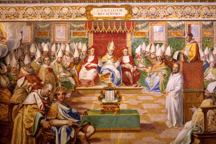 Sistine Şapali'nde yer alan I. İznik Konsili freski, 1560'lar. Wikimedia Commons.