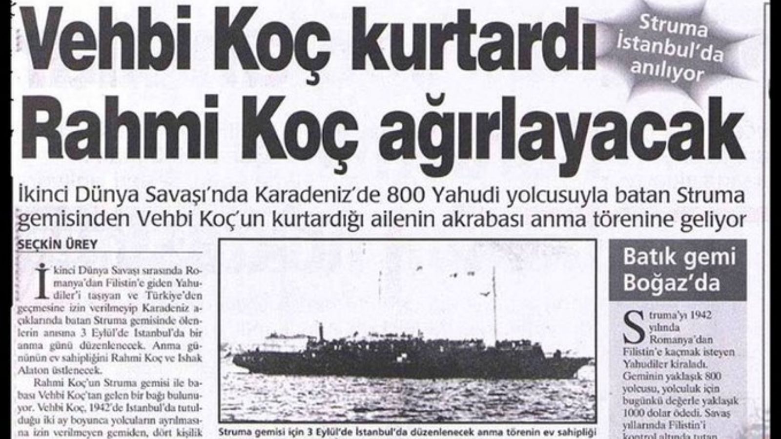 Vehbi Koç'un yardımını konu alan gazete arşivi