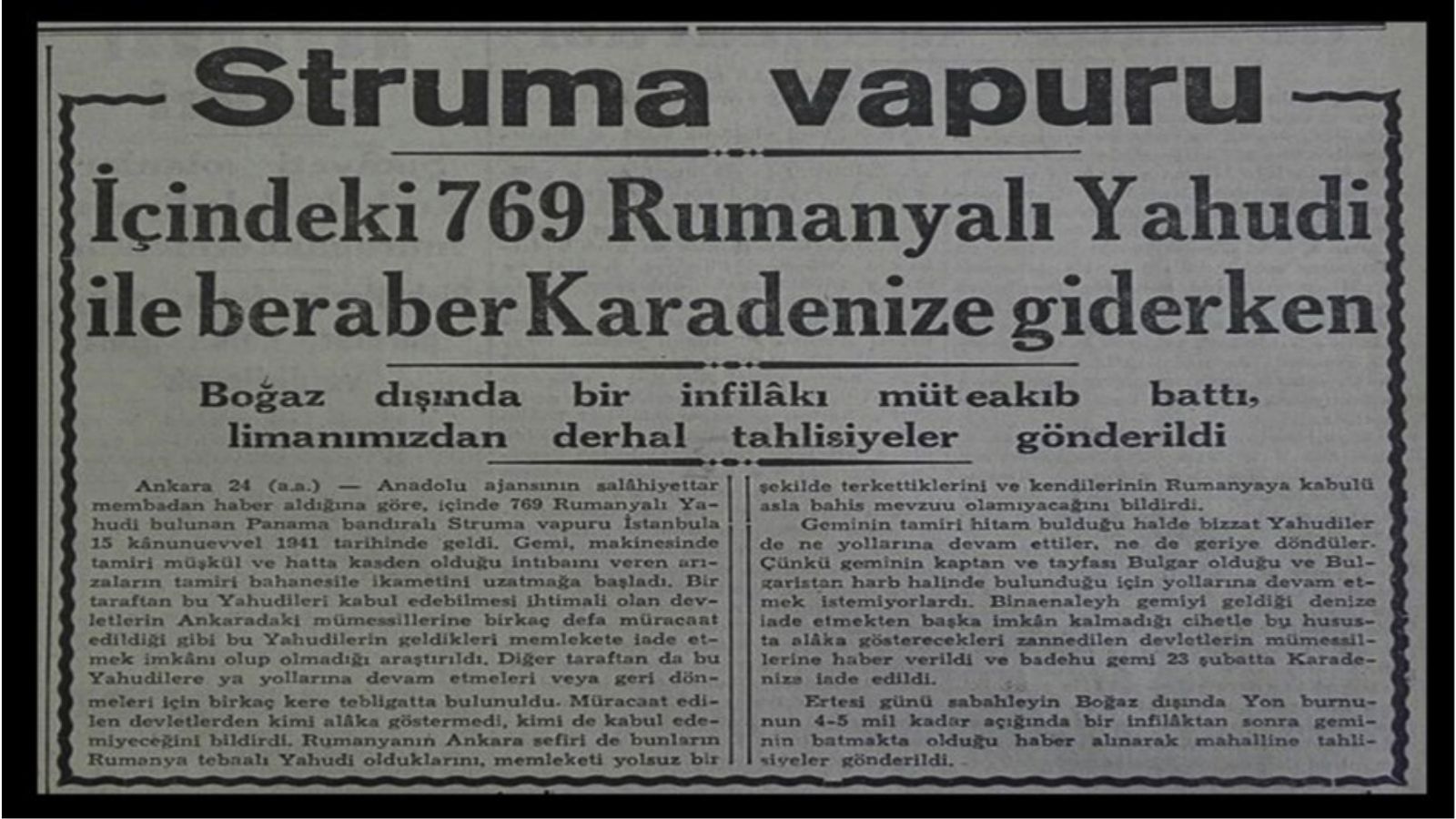 Struma Gemisinin batırıldığına dair çıkan gazete manşeti- Cumhuriyet, 25 Şubat 1942