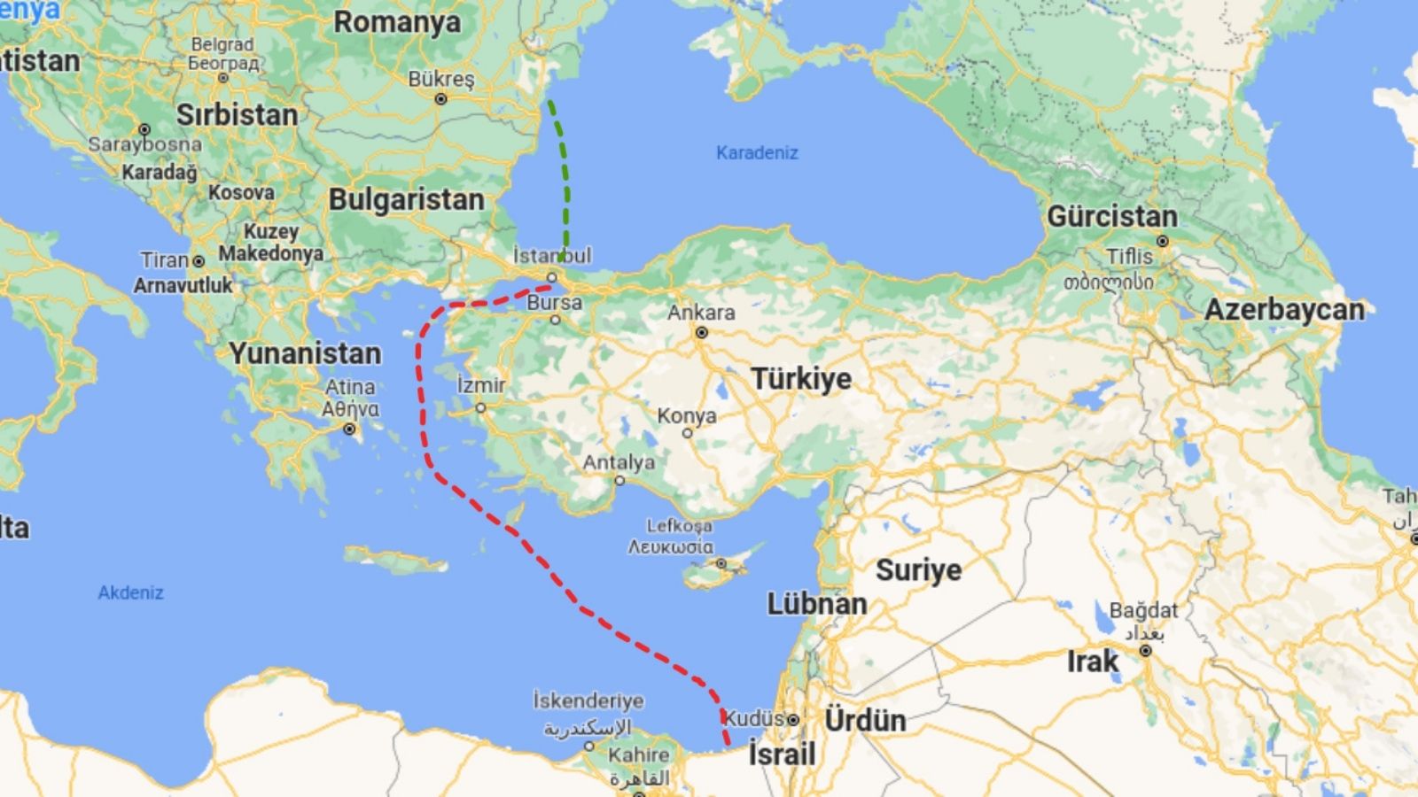 Köstence'den Filistin'e uzanan yolculuk rotası (yeşil yol tamamlanabilen, kırmızı yol ise tamamlanamayan) Web tecno