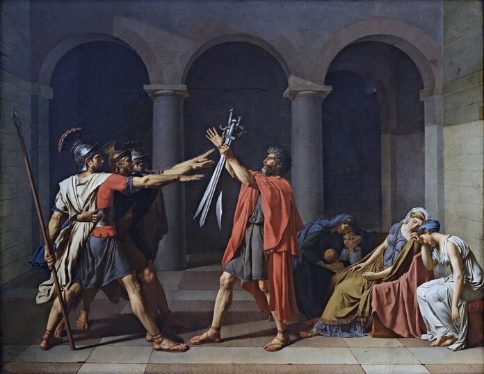 Jacques-Louis David, Horasların Yemini, 1784-85, tuval üzerine yağlıboya, 330x425 cm. Louvre Müzesi, Paris.