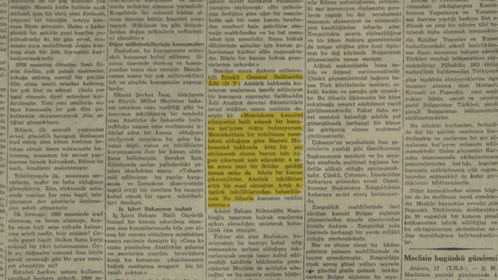 Atatürk'ü Koruma Kanunu müzakereleri sırasında Selahattin Adil Paşa'nın Açıklamaları, Cumhuriyet, 18 Nisan 1951.